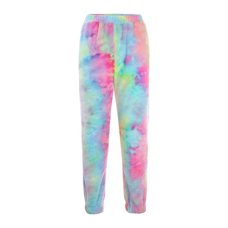 Многоцветный OMSJ Фланелевые штаны для бега с высокой талией и принтом Tie Dye, женские мягкие теплые цветные уличные штаны с мехом на осень и зиму - Цвет: Многоцветный