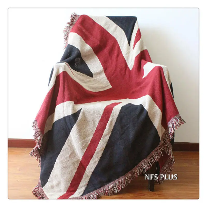 Плед для дивана и кровати, вязаный британский и американский флаг с кисточками, теплое одеяло, декоративное покрывало для дивана, напольный ковер