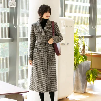 

Houndstooth Long Wool Coat Women Winter Black Plaid Ladies Belt Coats za Double Breasted Woolen Coat Korean Designer Overcoat