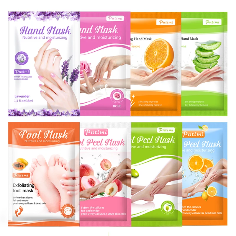 

4Pack Hand Mask Moisturizing Whitening Smooth Skin Hand Gloves + 4Pack Exfoliating Foot Mask Dead Skin Peel Socks for Pedicure