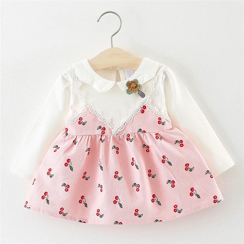 Baby Girls Fake Two-Piece Dress Long Sleeve Toddler Kids Cherry Printed Flower Patchwork Lace Party Princess Dresses 6-24M A20