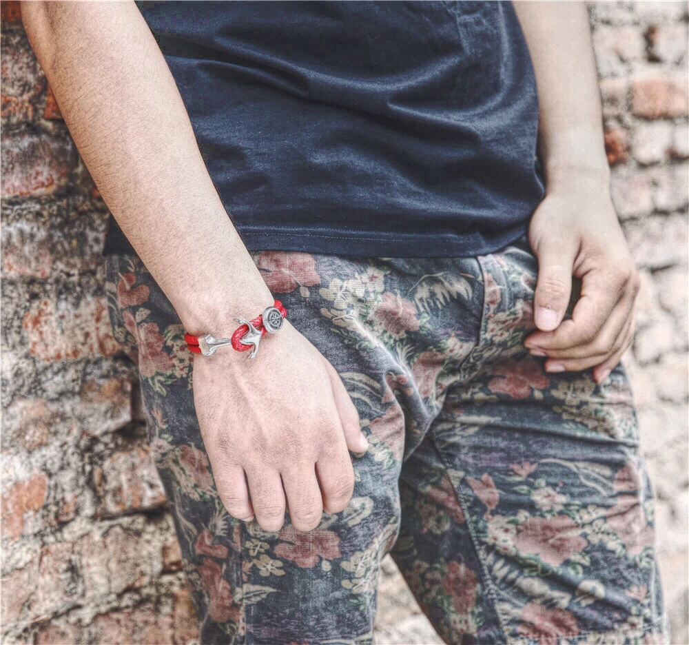 REAMOR Genuine Leather Men & Women Bracelets Bangles Stainless steel Compass Shield Bead Anchor Connector Charm Bracelet Jewelry