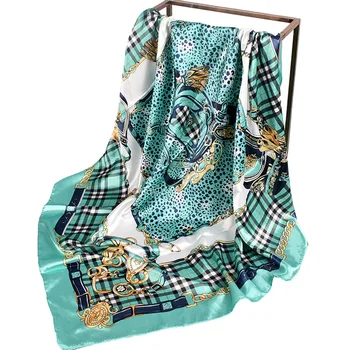 

10pcs Designer Silk Scarf Shawls Women Chain Leopard Printed Square Scarves Foulard Femme Beach Cover-ups Wraps Bandana 90*90cm