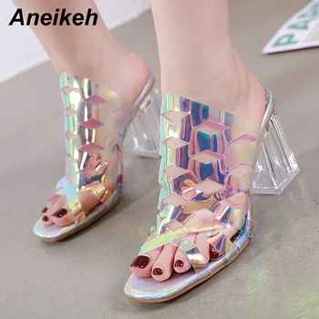

Aneikeh 2019 Leisure PVC Transparent Women Slippers Open Toe Perspex Heels Square Clear Glass High Heel Women's Shoes Size 35-40