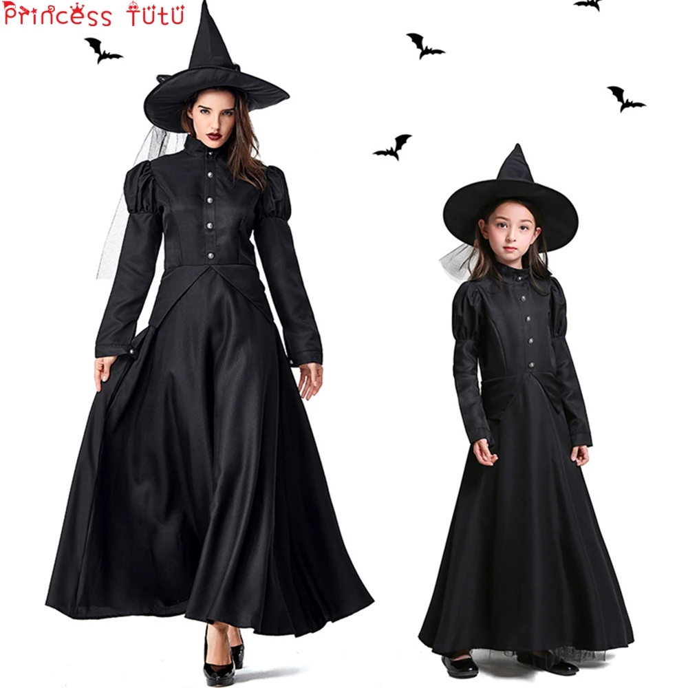 

Halloween Witch Costume Performance Clothing Adult Children COS Black Witch Witch Plays Parent-Child Costume With Hat Hallowmas