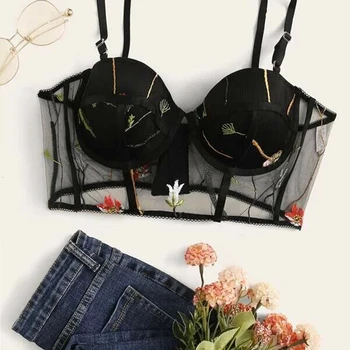 

Sexy Vintage Lingerie Fashion Women Lace See-through Mesh Bone Floral Trim Bralette Crop Tops Push Up Bra Underwear Tanks