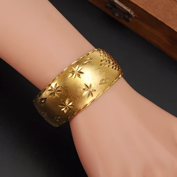 

29mm Wide Bangles for Women's Yellow Solid Gold G/F Dubai Jewelry Star Bangle Open Bracelets Bridal Gift/Mom Present