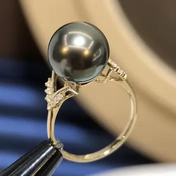 

D513 Pearl Ring Fine Jewelry Solid 18K Gold Round 10-11mm Nature Sea Water Peacock Green Tahiti Black Pearls Rings