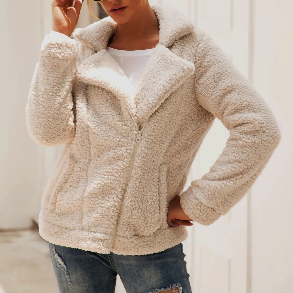 HAPPIShare Womens Lapel Zip Up Faux Fur Shearling Fuzzy Fleece Jacket Teddy Bear Coat Warm Outwear with Pockets 