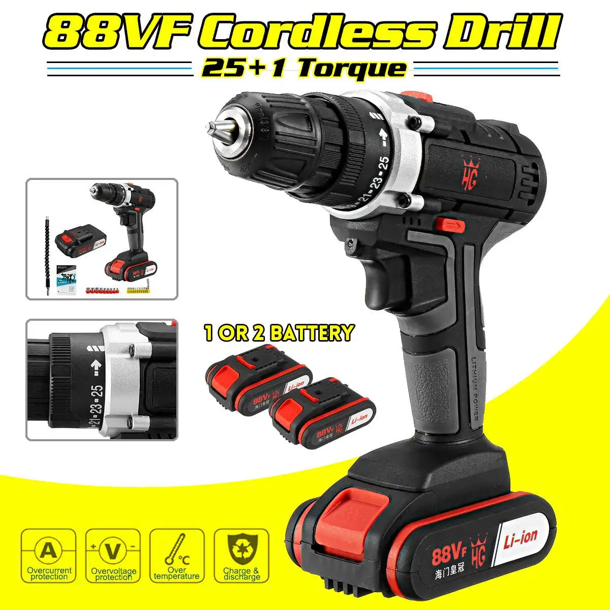 

88VF Cordless Lithium Electric Drill 25+1 Gear Drill 20-30Nm Rechargable Driver 1/2 Lithium-Ion Battery Gift Set