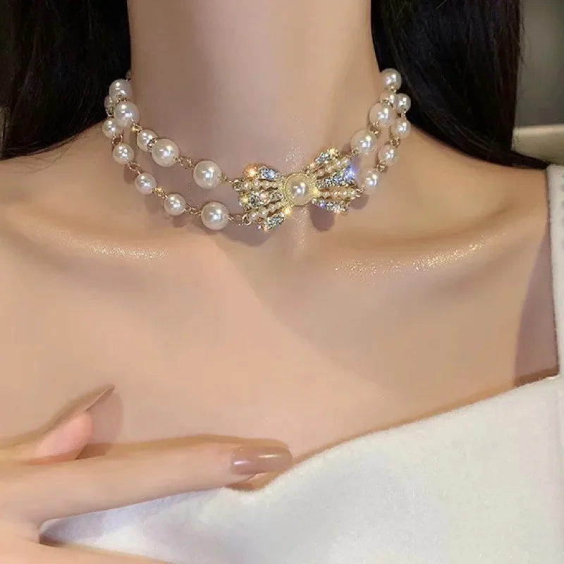 Woman Double row Beaded Pearl Bowknot Necklace Tide Net Beautiful
