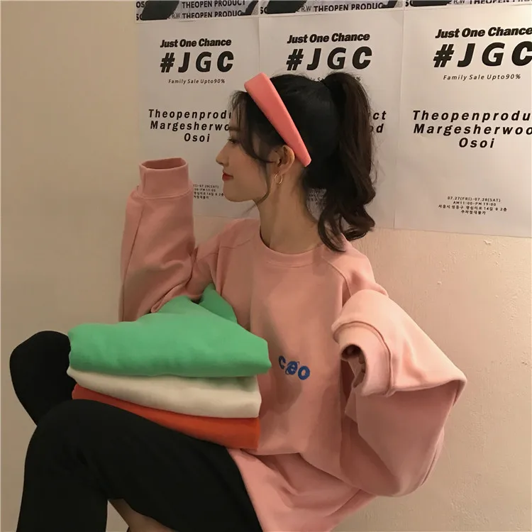 Толстовки с буквенным принтом Женская Толстовка Harajuku одежда пуловер Свободный корейский размера плюс хлопок Повседневная Уличная одежда Топ с круглым вырезом W056