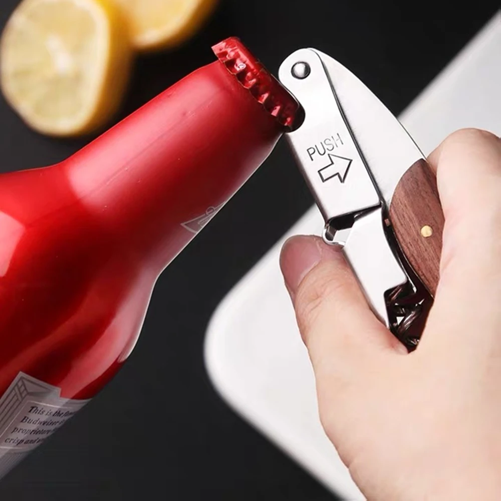 Multi-function Wooden Bottle Opener Wine Beer Bottle Wooden Handle Corkscrew Wine Opener With PU Holster Bar Accessory Tool