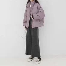 Loose Down Jackets Quilted Coats Black Purple Girls Parka Warm Cotton Padded Outerwear Zipper Puffer 2022 Winter Jacket Women