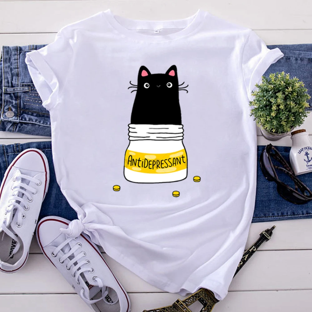 T Shirt For Woman Lovely Black Kitten Personality Text Print Women T Shirt Cotton Harajuku Tshirts Womens Vintage Gothic Clothes