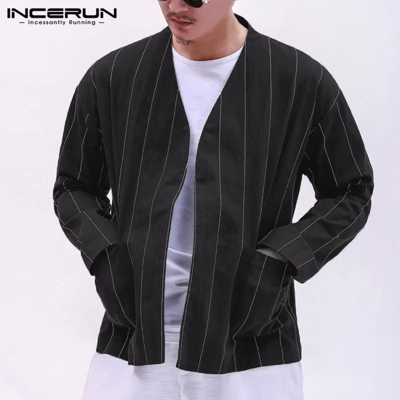 

INCERUN Fashion Men Outerwear Striped Pockets Open Stitch Loose Streetwear Vintage Long Sleeve Men Jackets Cardigan Coats 2019