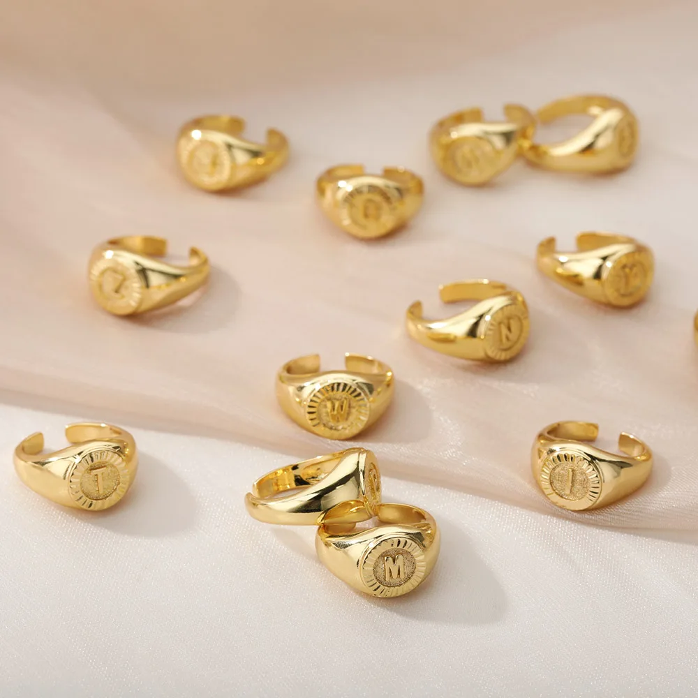 Initial Letter Signet Rings for Women Gold Color Stainless Steel Adjustable Ring Vintage Aesthetic Wedding Jewelry