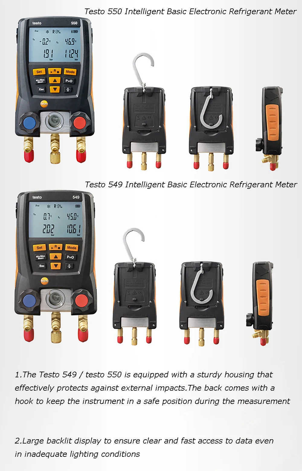 NEW Testo 550 Digital Manifold Gauge with 2pcs Clamp,2 Valves,System for HVAC 0563 1550 Built-in 60 common refrigerants