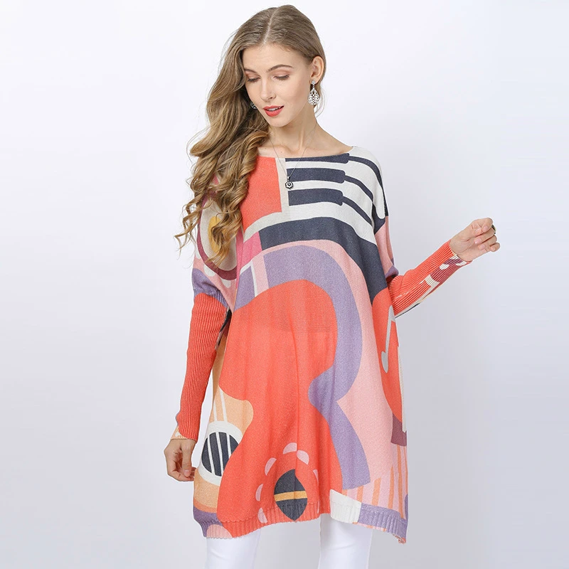 

Loose Batwing Sleeve Loose Plus Size Sweater Women Tops Printed Knitted Pullovers Casual Sweaters Outerwear TA6312
