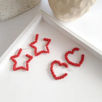 

Fashion Festive New Year Red Metal Texture Star Love Hoop Earrings for Girl Women Personality Simple Jewelry Accessories