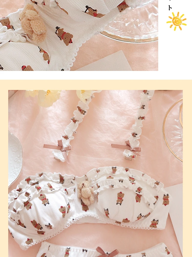sexy underwear sets Women Cotton Lingerie Girls Bra Panties Set Thin Breathable Soft Japanese Lolita Cute Cartoon Teddy Bear Underwear Wire Free Bra bra and knicker sets