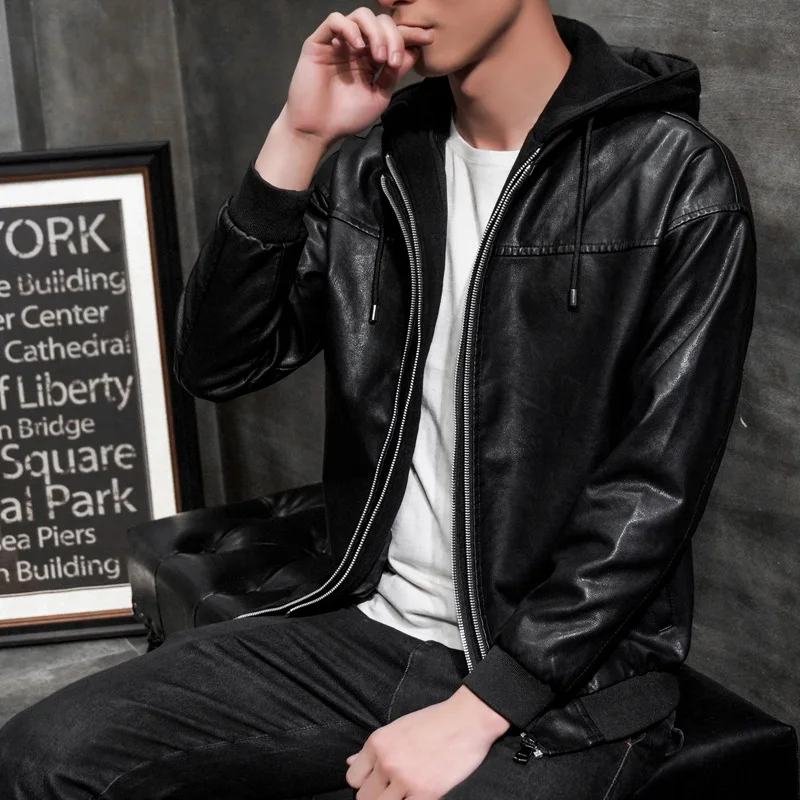 

2019 Spring New Style Men Hooded Leather Coat-Style Mock Two-Piece Leather Jacket Men's Locomotive Handsome Coat