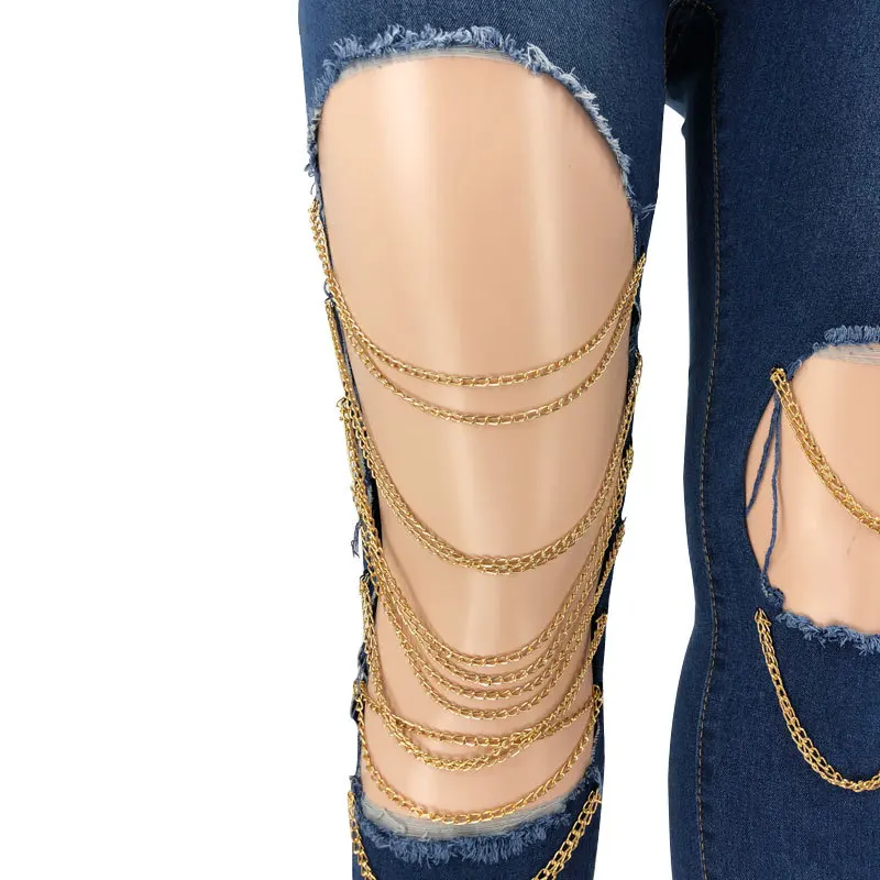 Plus Size Women Bottoms Sexy Holed Metal Chain Design Jeans High