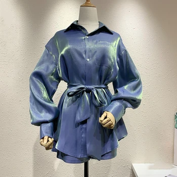 

Mermaid Gradient Blouse and Shorts 2 Two Piece Set Women Loose Short Suit with Sashes Tracksuit Plus Size Outfits Matching Sets