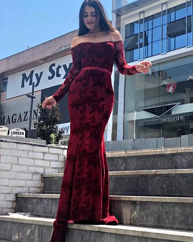 Robe De Soiree кружевное сексуальное платье-Русалка вечернее платье с открытыми плечами с длинным рукавом V вечернее платье длинное женское вечернее платье