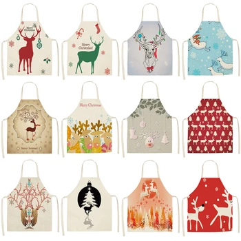

1Pcs Lovely Deer Christmas Apron for Woman Pinafore Cotton Linen Aprons 53*65cm Home Kitchen Cooking Baking Cleaning Bibs CM1004
