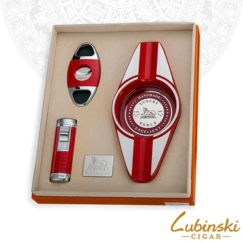 

LUBINSKI Metal Cigar Suit Cigar Cutter Ashtray 4 Torch Jet Flame Cigar Lighter W/Punch Travel Cigar Outdoor Smoking Tool Set