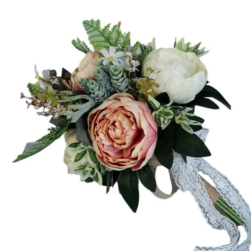 Европейский Винтажный Свадебный букет Искусственный пыльный пион цветы поддельное растение суккулент кружева ленты невесты вечерние украшения