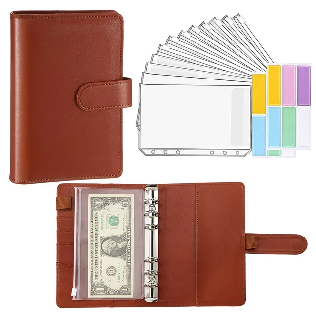 15 Pieces Binder Budget Planner Cash Envelope Binder with Budget Envelopes A6 Binder Pockets Cash Envelope Wallet for Budgeting Brown-14pcs