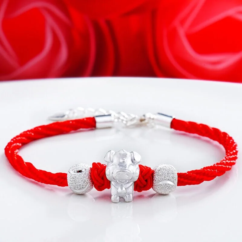 

CHILDREN'S DAY Children Bracelets S999 Pure Silver Year of Fate Pigskin Red Rope Bracelets 3D Silver Chinese Zodiac Lucky Beads