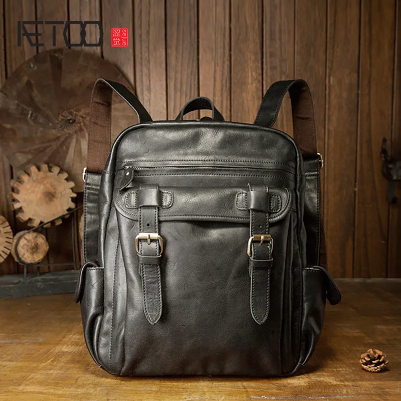 

AETOO Cowhide backpack, men's leather leisure travel bag, simple trendy men's computer bag