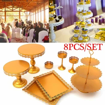 

8 Piece Gold white Cake Stand Set Round Metal Crystal Cupcake Dessert Display Pedestal Wedding Party Display
