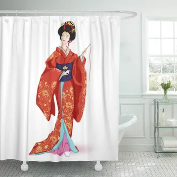 

Japan National Doll Hina Ningyo in Red Kimono with of Gold Lilies Character Cartoon Style Shower Curtains Waterproof Polyester