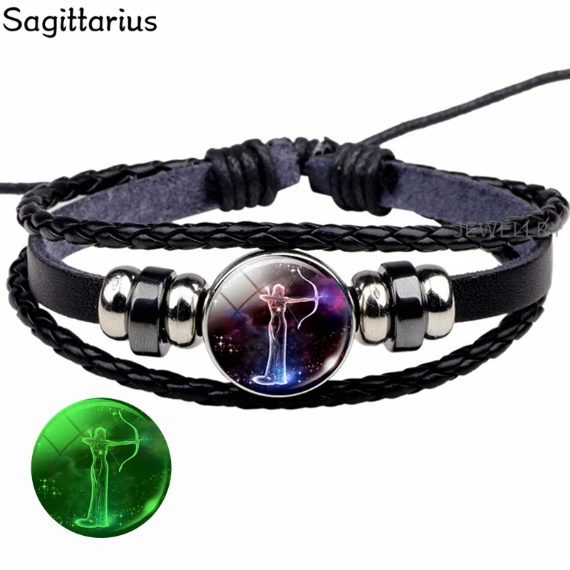 Sagittarius Светящийся браслет Созвездие панк светящиеся украшения черный кожаный тканый браслет светится в темноте Знак зодиака светящийся браслет - Окраска металла: Sagittarius