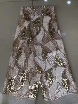 

french net lace fabric 2019 latest african sequins gold Embroidery coral sequins lace fabric party dress FFD103