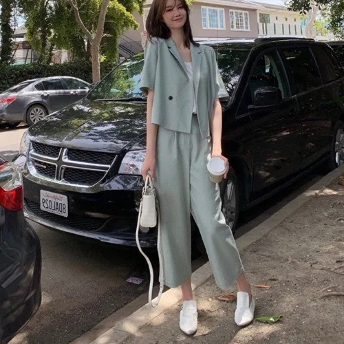 

Very Fairy of Matcha Green WOMEN'S Suit Two-Piece Set Summer Thin Short Sleeve Flax Suit Jacket Loose Pants Western Style Online
