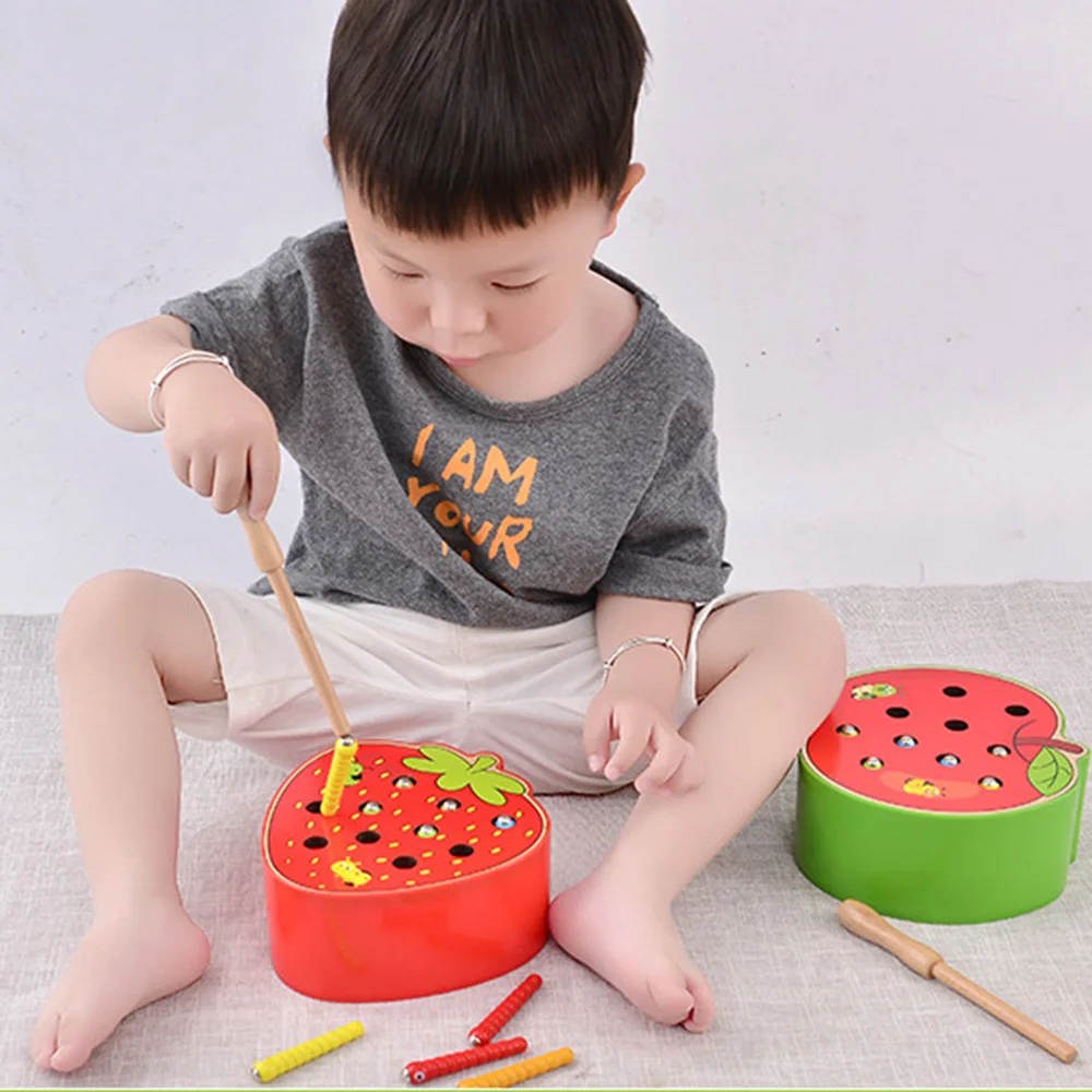 

3D Puzzle Baby Wooden Toys Catch Worm Game Early Childhood Educational Toys Color Cognitive Magnetic Strawberry Grasping toys
