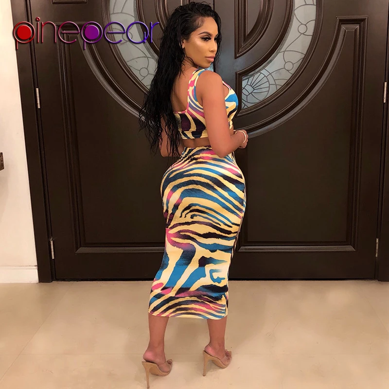 

PinePear Colourful Wave Print Crop Top Skirt 2 Piece Sets Women 2020 Summer Multi Hollow Out Beach Tank Long Dress Dropshipping