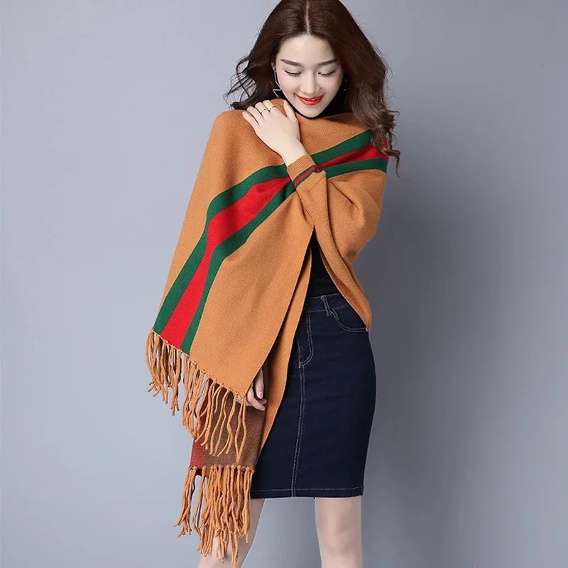 2019 Winter Cashmere Tassel Wraps Classic Striped Knitted Sweater Women Batwing Sleeve Streetwear Cardigans Shawl Cloak Sweaters 2019 Winter Cashmere Tassel Wraps Classic Striped Knitted Sweater Women Batwing Sleeve Streetwear Cardigans Shawl Cloak Sweaters