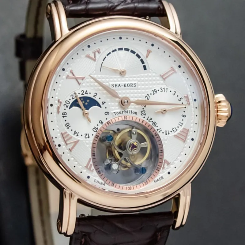 

Luxury Business Tourbillon Watch Men Calendar Sapphire Dial Mens Seagull ST8007 Tourbillon Mechanical Wristwatches Moon Phase