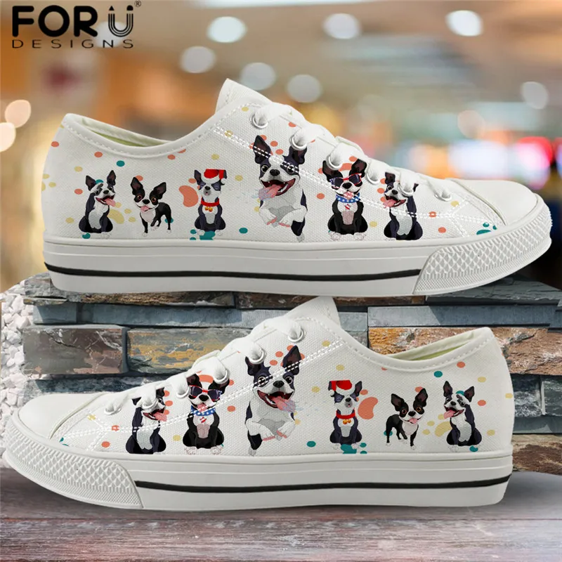 

FORUDESIGNS Fashion Vulcanized Shoes Christmas Boston Terrier Print Casual Shoes for Women Daisy Pattern Sneakers Leisure Flats