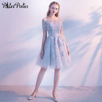 

Elegant Off The Shoulder Short Prom Dresses 2019 Boat Neck Appliques Tulle Formal Gowns Silver Gray Homecoming Dresses Plus Size