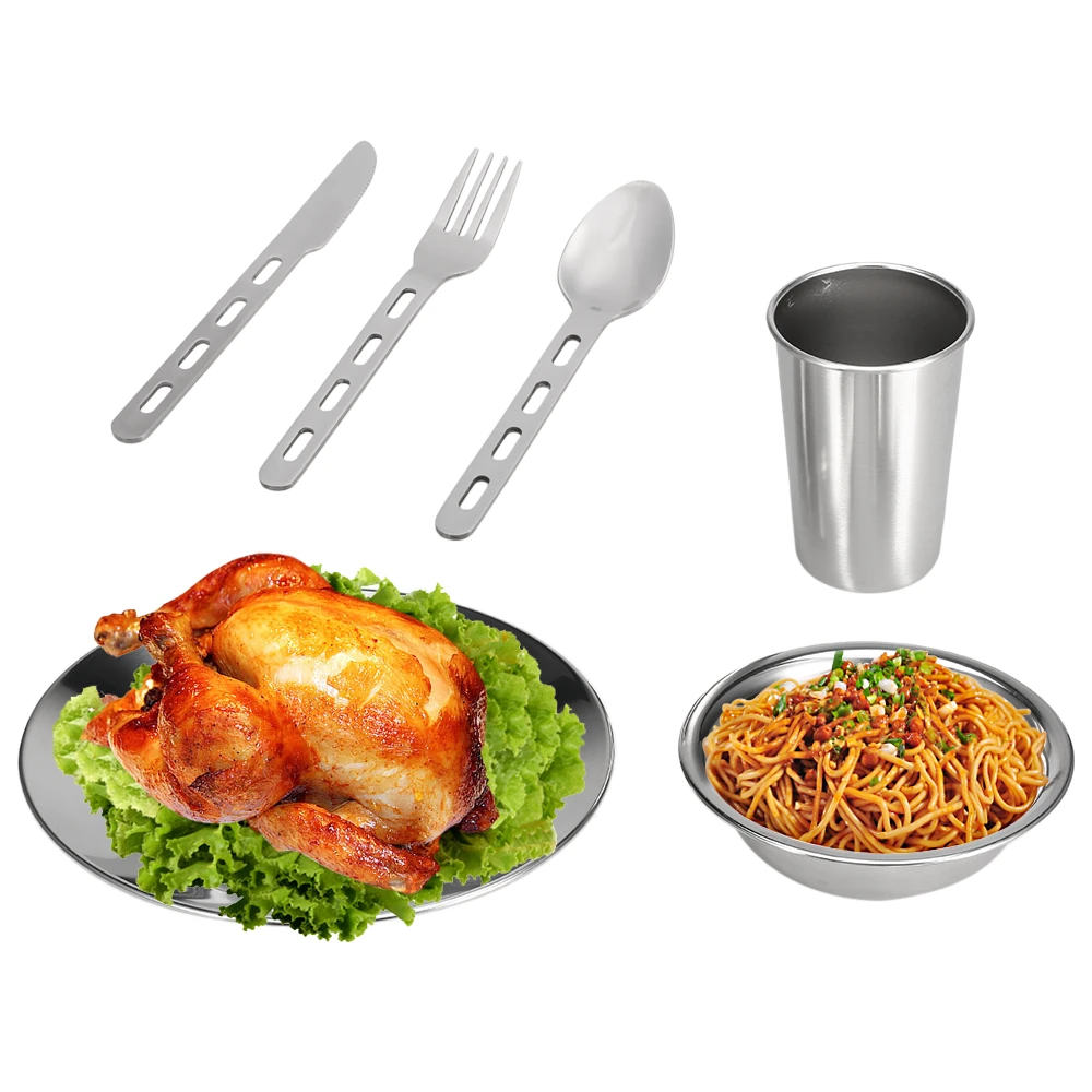 

7PCS Stainless Steel 1-Person Table Set Outdoor Tableware Mess Kit Dinner Plate Bowl Cup Spoon Fork