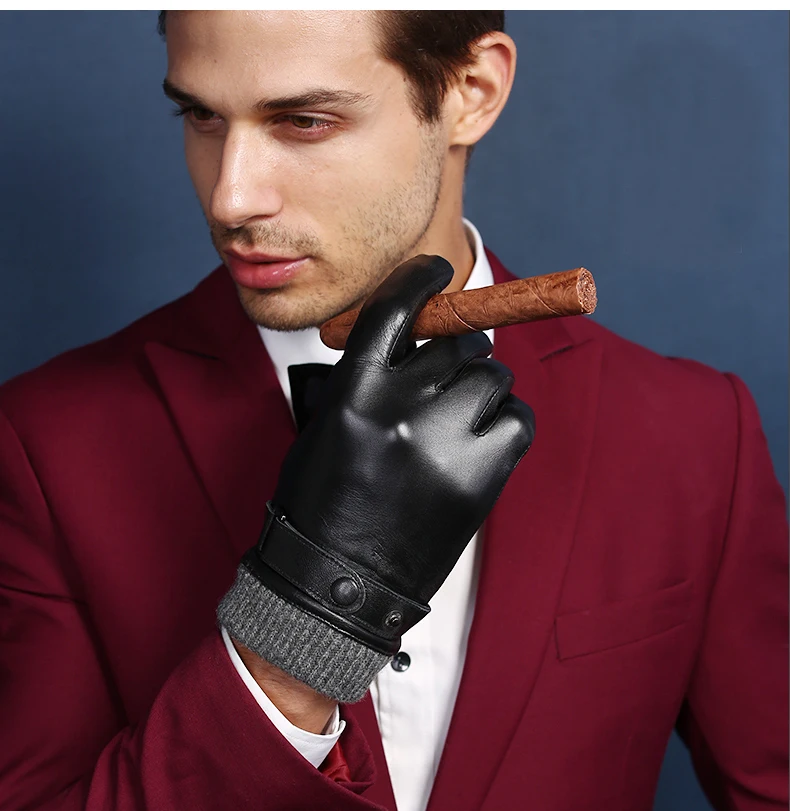 Men's Genuine Leather Gloves Real Sheepskin Black Touch Screen Gloves Fashion Brand Winter Warm Mittens New