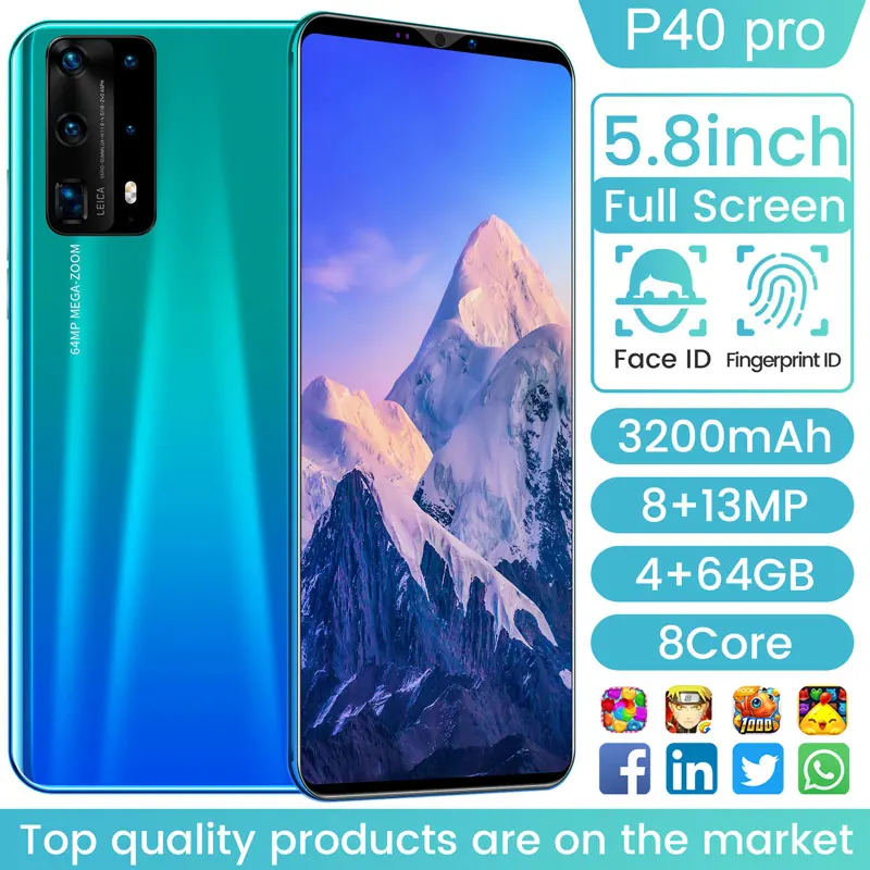 P40 pro 5.8 Inch 3200mAh Andriod 9 Smartphone 128GB/256GB Finger Face ID Mobile Phone Snapdragon 865 8 Core Dual SIM Cell Phone