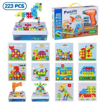 

223PCS Mosaic Puzzle Art Toy Kids Electric Drill Screw Nut Puzzle Toy Drill Creative DIY 3D Building Model STEM Educational Gift